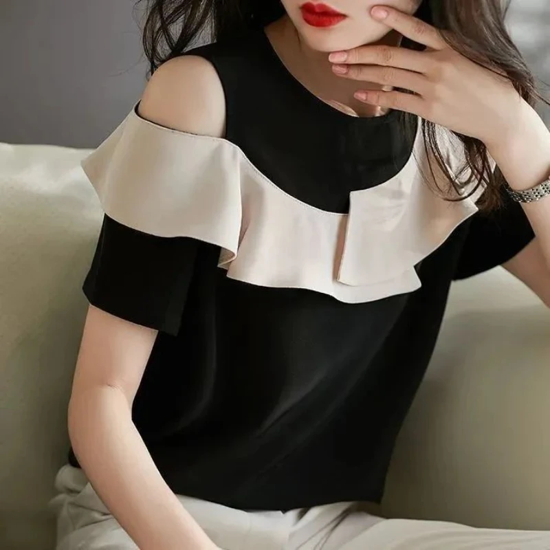 Off Shoulder Ruffles Patchwork Vintage Blouse Short Sleeve Contrast Loose Casual Shirt Tops Summer Fashion Trend Women Clothing