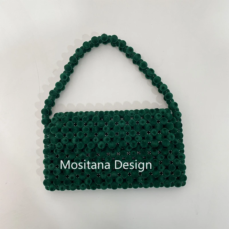 Winter Velvet Beads Christmas Bag Gift Party Dinner Shoulder Bags Handmade Green Hand-woven Celebrity Unique Design Ladies