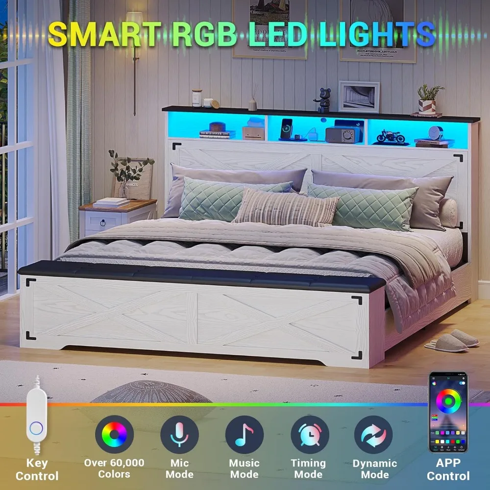 إطار سرير Hasuit بحجم كوين مع مسند تخزين، وإطار سرير مزرعة مع قاعدة شحن وإضاءة LED، ولوح رأسي مع مساحة تخزين