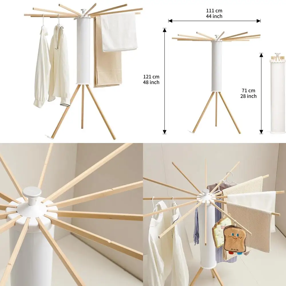 

Portable Foldable Wooden Clothes Drying Rack with 12 Rods for Space-Saving Laundry