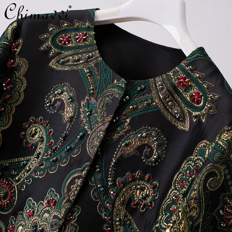 Jacquard Bronzing Heavy Bead Single-breasted Trench Coat Womne 2025 Autumn New Loose Round Neck Commuter Coat Loose Coats Trench