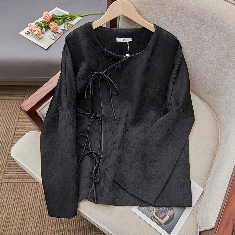 Fashionable Chinese Style Jacquard Shirt Jacket Women\'s Top Round Neck Long Sleeve Lace-up Buckle Vintage Loose Blouse Coat