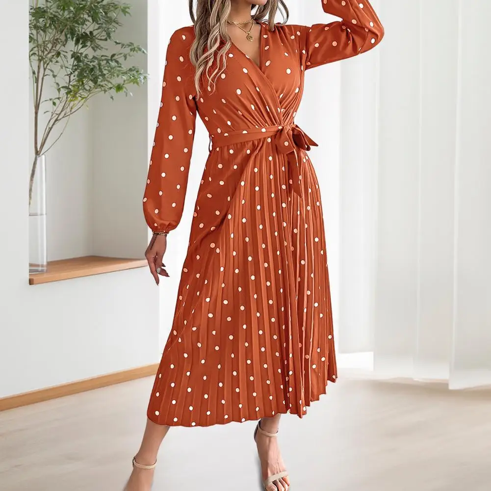 Women Long Sleeve Dress V-Neck Polka Dot Dress With Tie Waist Long Pleated Dress