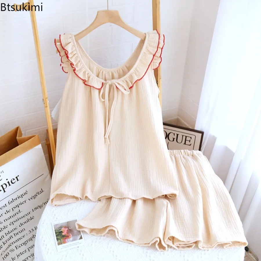 2025 Summer Women's Pajama Set Crepe Cotton Yarn Ruffle Edge Camisole Shorts Suit Lace Pullover with Pocket Home Wear for Women