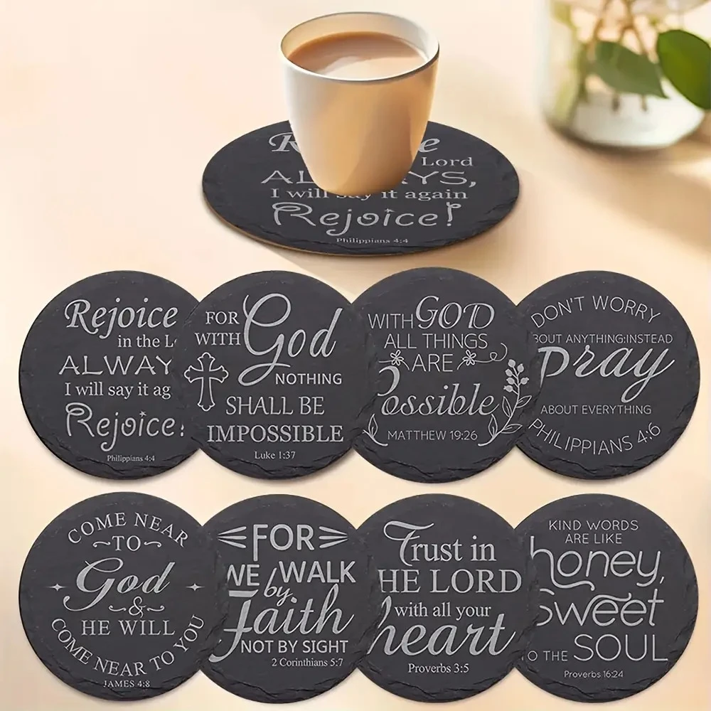 8pcs 2D Christian Bible Verses Pattern Wooden Coasters Heat-resistant Anti-slip Coaster for Tea Cup Mat, Coffee Beverage Mug Mat