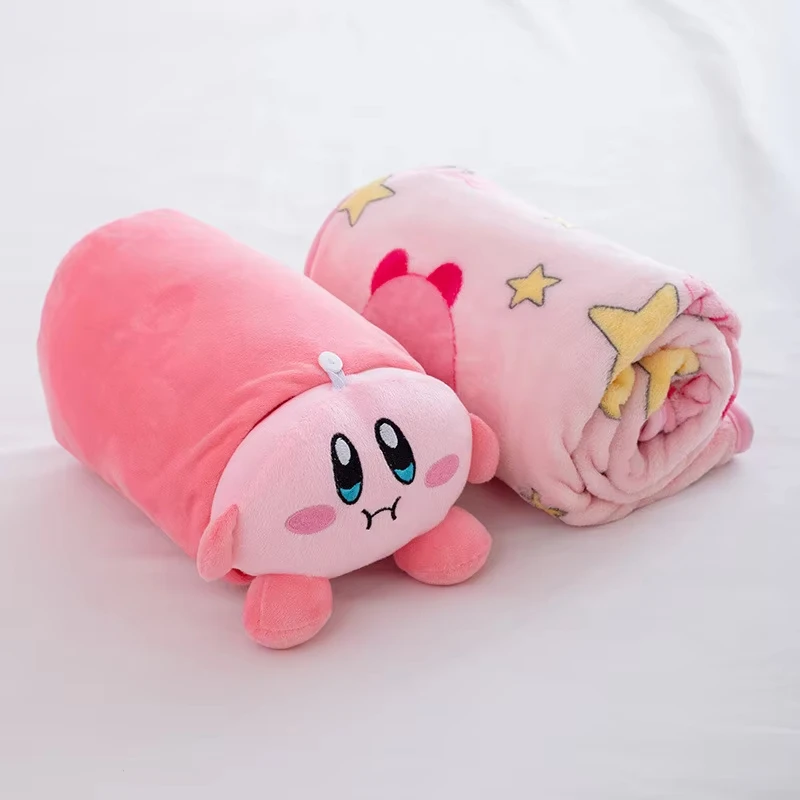 Kawaii Kirby 2-in-1 Plüschkissen-Decke Rosa Cartoon Klimaanlagen-Schlafdecke Weiche Flanelldecke für Mädchen Weihnachtsgeschenk