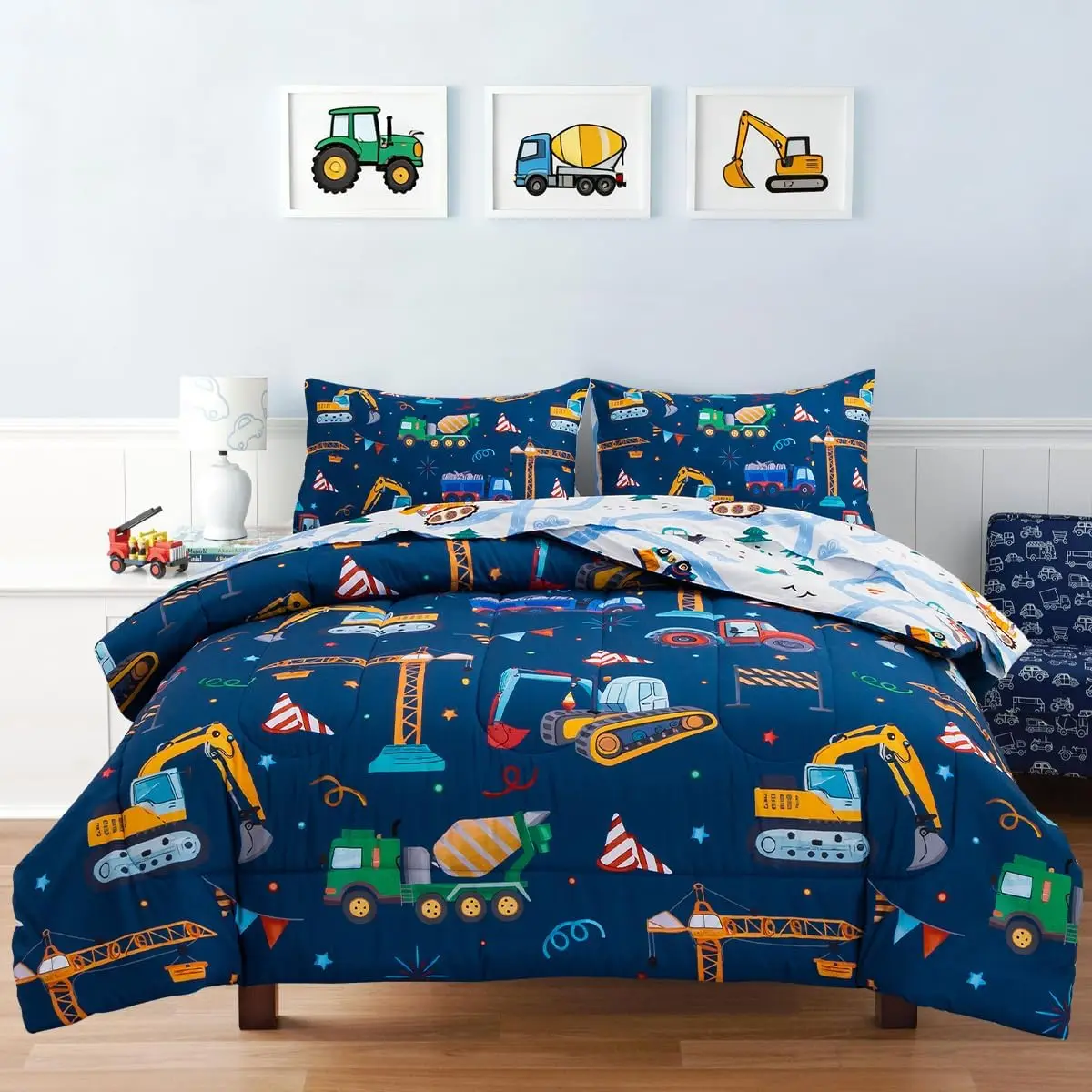

Full Size Construction Car Bedding Set for Boys, 5-Piece Reversible Comforter with Sheets, Navy Blue Cartoon Design