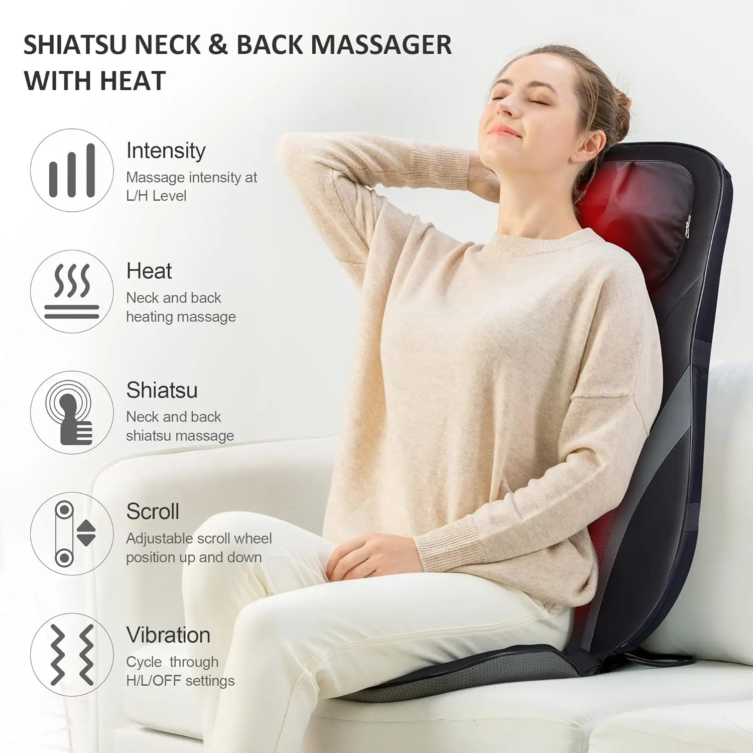 Shiatsu Back Massager with Heat -Deep Kneading Massage Chair Pad with Adjustable Intensity, Shiatsu Chair Massager