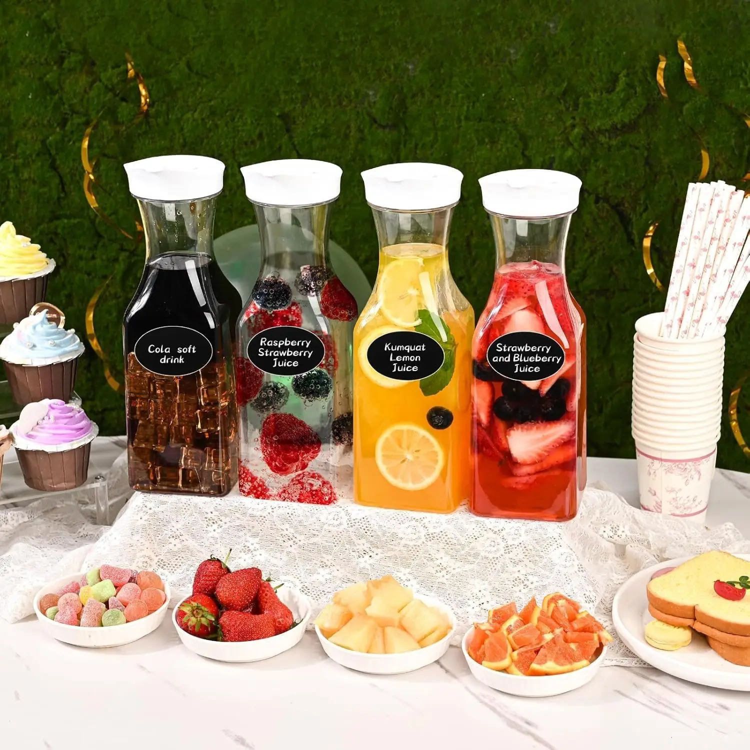 4 عبوات من البلاستيك سعة 1 لتر مع أغطية - أباريق مشروبات شفافة بقاعدة مربعة - للعصير والماء والحليب والميموساس - حاويات تخزين الثلاجة