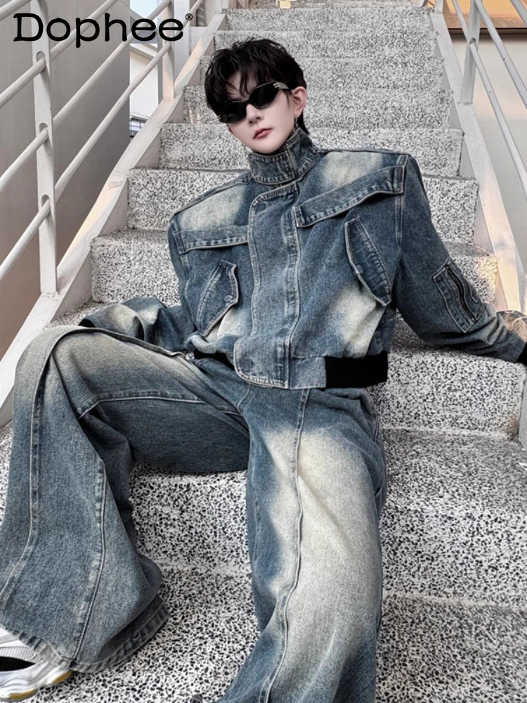 2025 الرجال الخريف جديد قطعتين مجموعات النمط الأمريكي شارع العليا العصرية 2 قطعة الذكور الوقوف طوق الدنيم الستر فضفاضة واسعة الساق السراويل