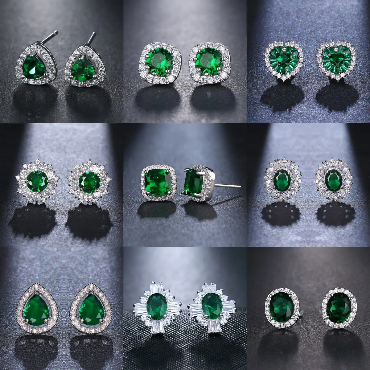 JMK Fashion Emerald Cubic Zircon Green Stone Silver Plated Stud Earrings For Women Bridal Wedding Jewelry Party Accessories Gift