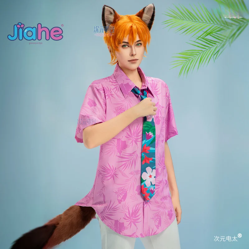 

Movie Fox Nick Wilde Anime Cosplay Men Woman Halloween party Casual T-shirt, purple leaf top ear and tail prop casual set
