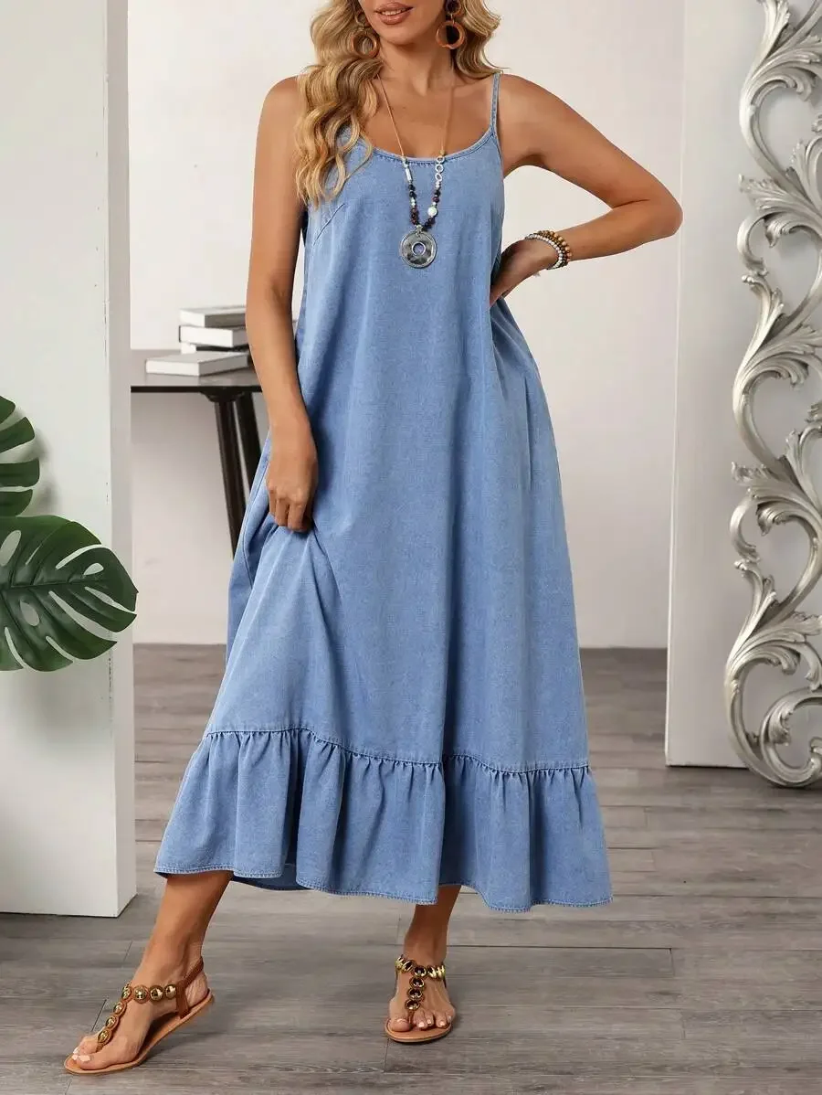 

Womens Casual Denim Dress With Ruffle Hem Adjustable Spaghetti Straps Summer