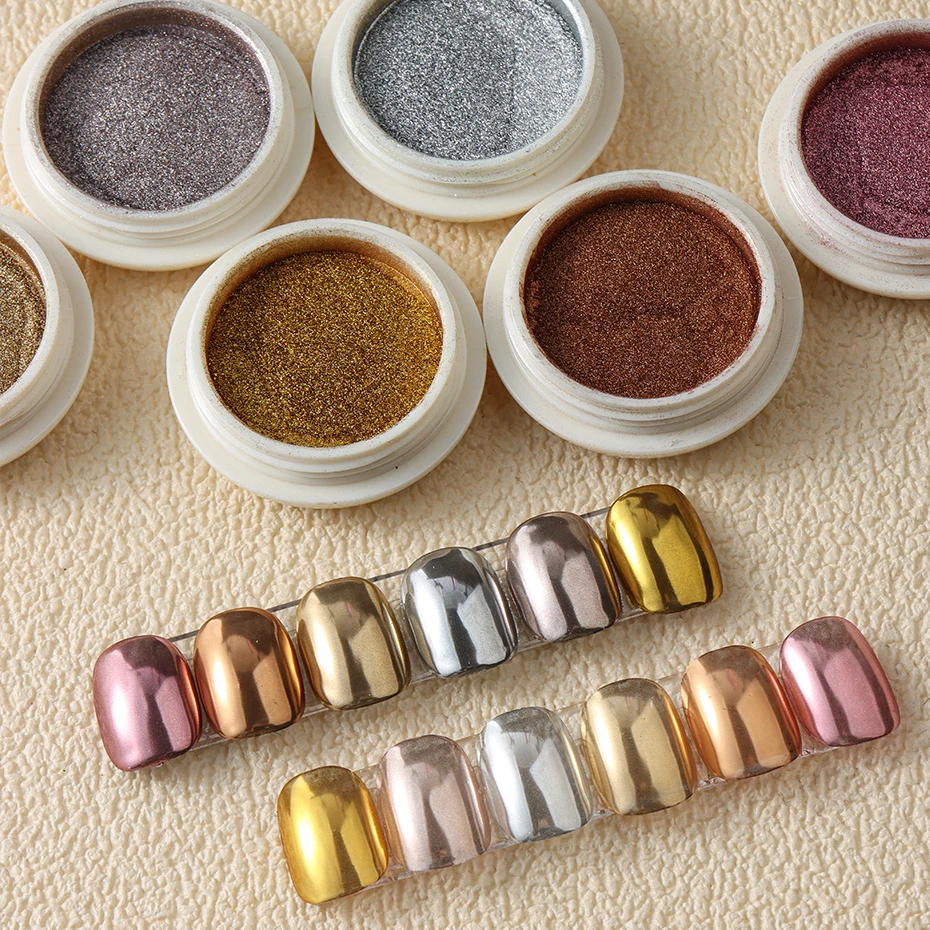 6pcs Champange Gold Silver Mirror Powder Nail Art Glitter Rose Gold UV Gel Polish Chrome Dust Metallic Effect Pigment Decoration