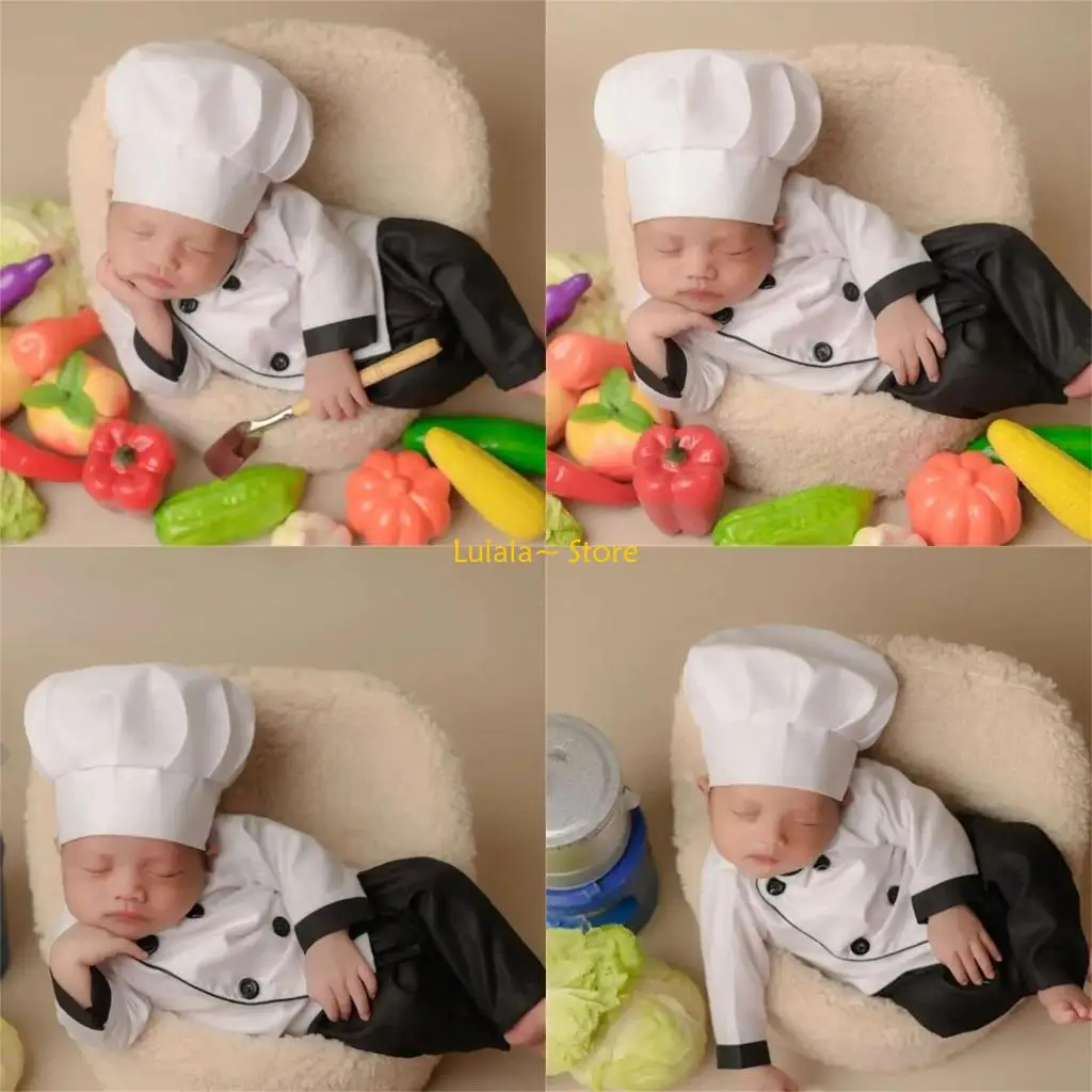 Y4QA Newborn Cook  Hat Tops Costume Cosplay Cook Costume Photography Props Clothing