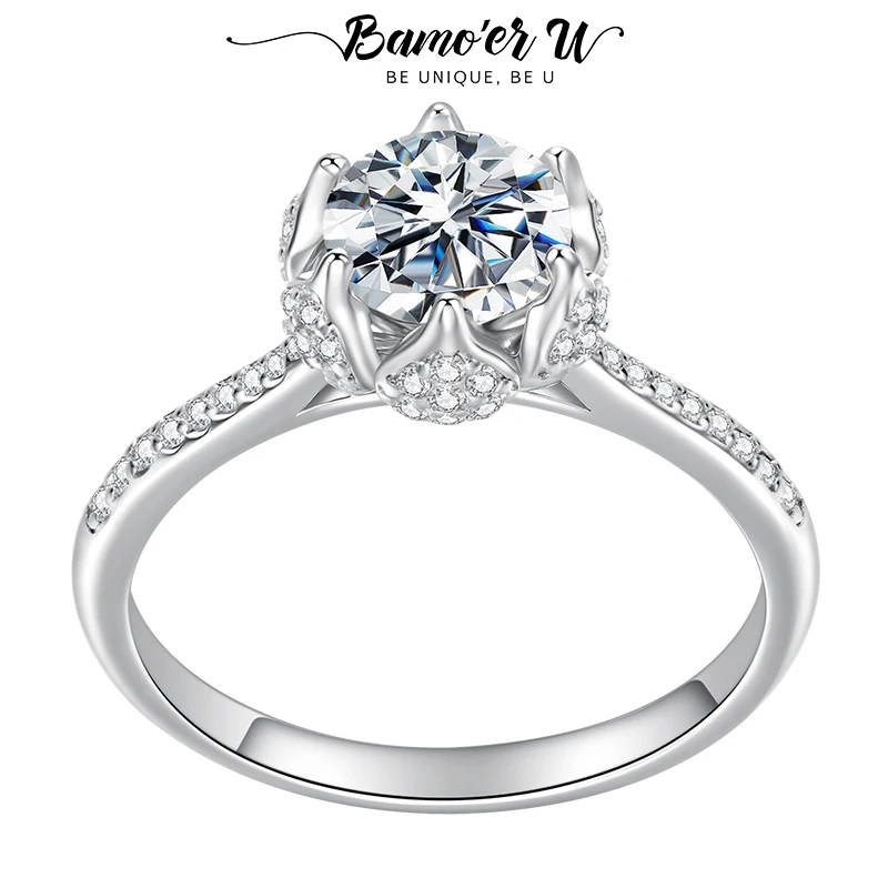 

Bamoer U 1CT Floral Core Moissanite Ring Half Enternity Halo Ring Round Cut Lab Diamond Tension Band for Women Wedding Jewelry