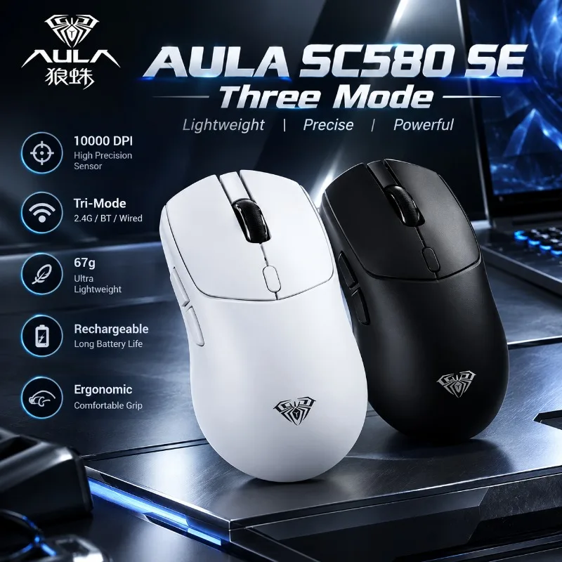 AULA SC580 SE Wireless Gaming Mouse 10000 DPI Tri Mode Bluetooth 2.4G USB Wired RGB Lightweight Ergonomic PC Laptop Accessory