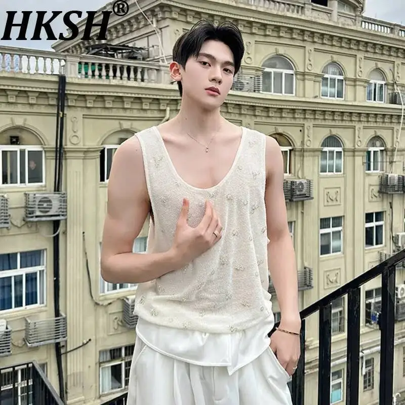 

HKSH Spring Summer New Men Tide Heavy Beaded Vest Korean Chic Ins Tank Tops Fashion High Street Y2K Vibe Sleeveless Tees HK23908