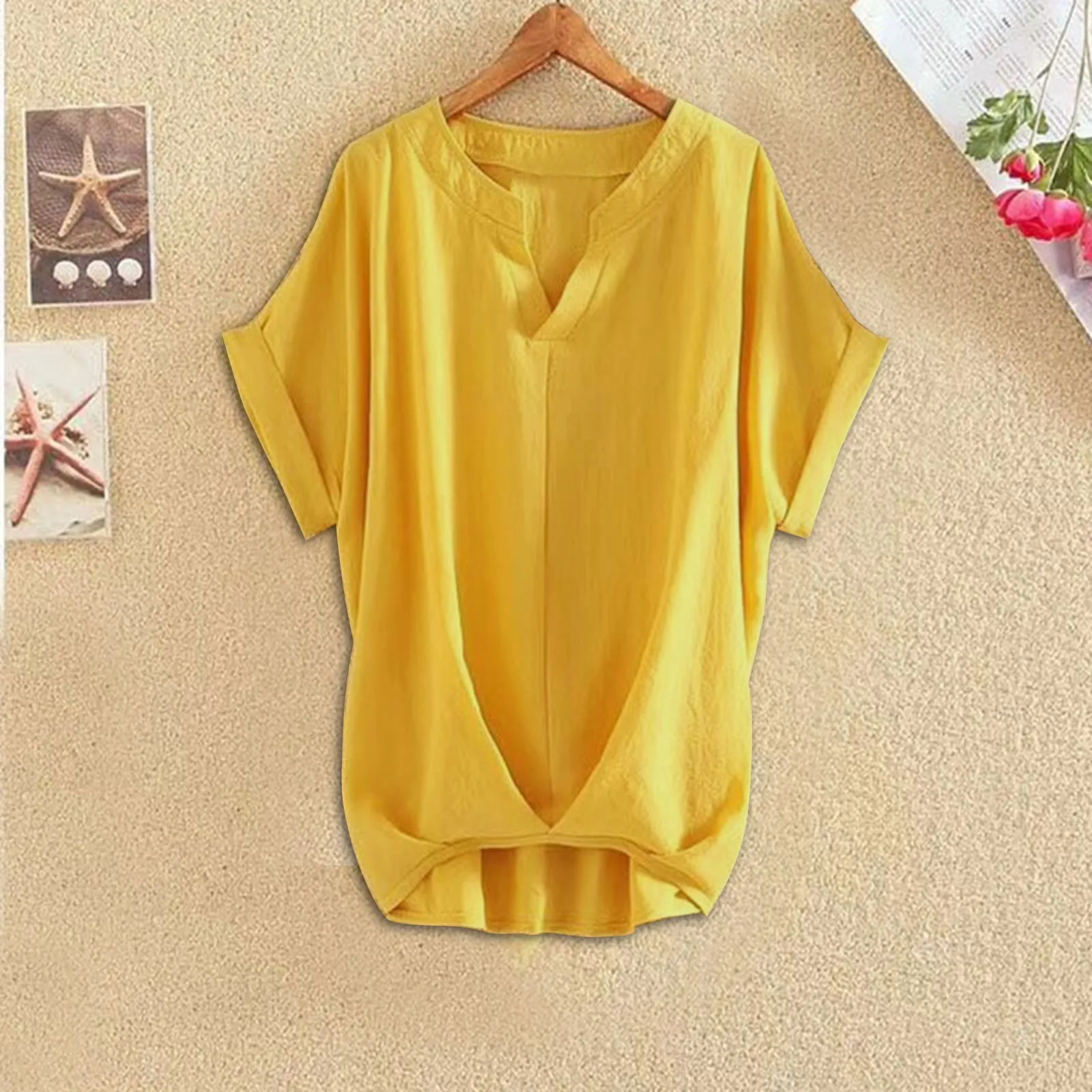 Summer Women's Cotton And Linen Shirts V Neck Button Short Sleeve Oversized Loose Fit Casual Tops Solid Color Comfort Blouse