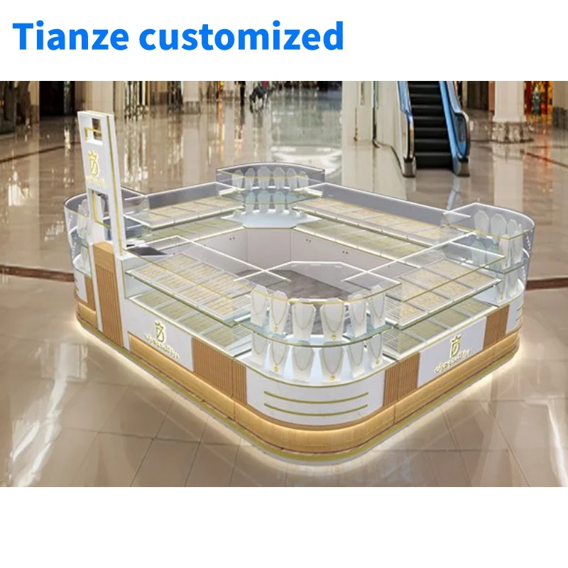 （customized）High End Mall Kiosk Jewelry Luxury Jewellery Island Cabinet Design Wooden Jewelry Display Jewelry Showcase