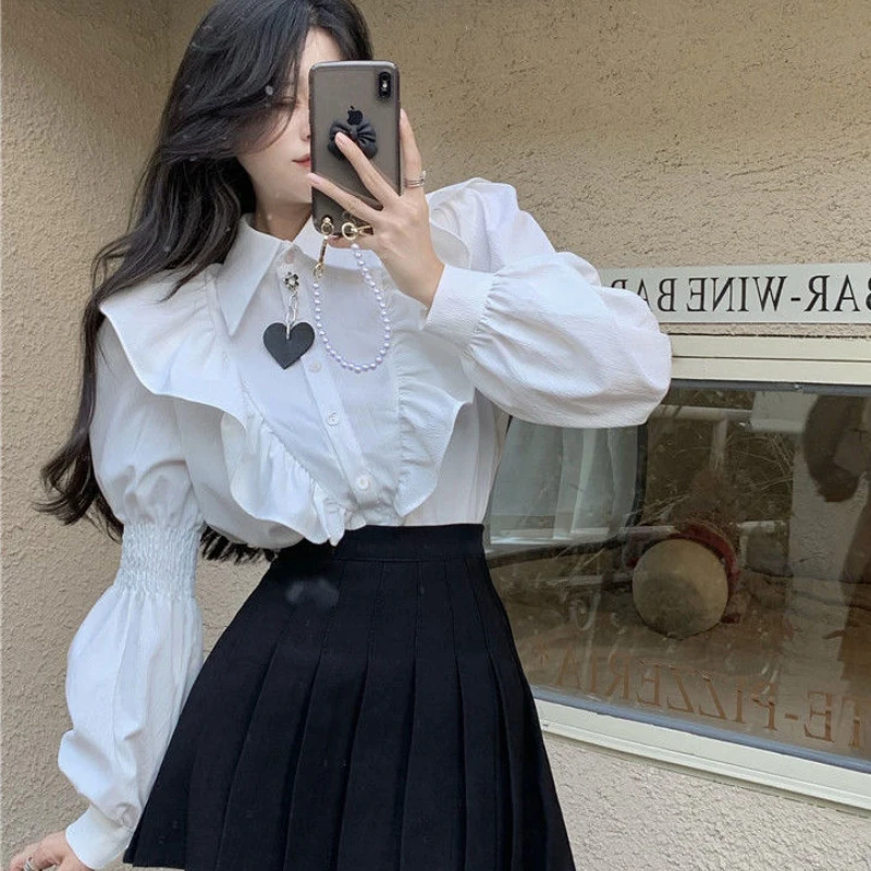 Lantern Long Sleeve Shirts Women Ruffles Design Lovely French Style Girlish Retro Spring Autumn Temperament Aesthetic Tops New