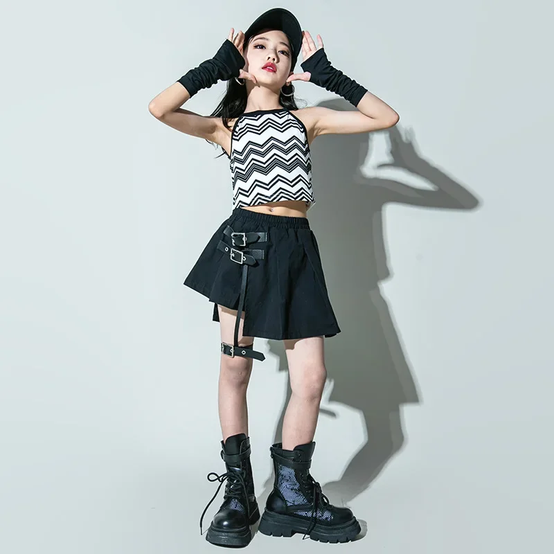 Mädchen Hip Hop Tanz Kleidung Kinder Welle Drucken Weiße Weste Top Bindung Rock Kinder Jazz Kleidung Straße Leistung Kostüm