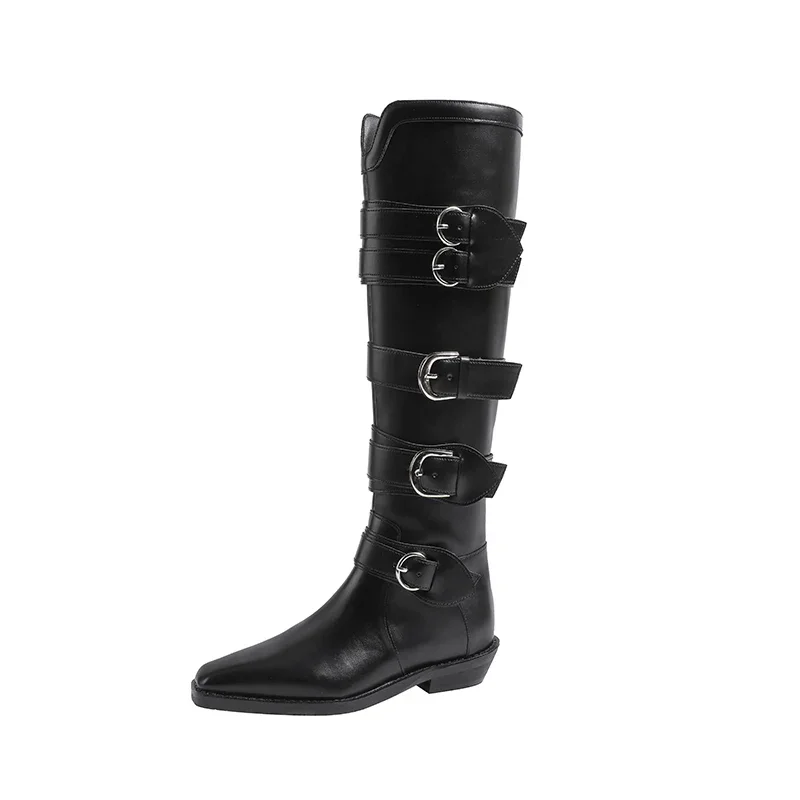 Designer Vintage Women Knee-High Boots Fashion Belt Buckle Shoes Autumn Winter Thick Heel Women\'s Knight Long Booties