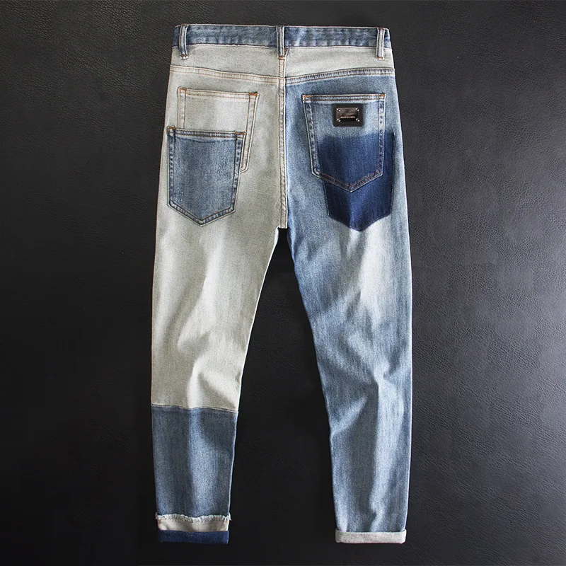 

Ripped Patch Jeans for Men, Light Blue, High-End Fashion Design, Patchwork Slim Fit Straight Pants