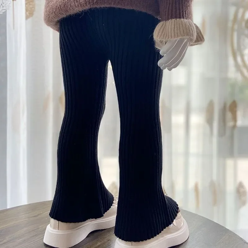 Children Clothing 2023 New Spring and Autumn Pants Girl Knitted Bell Bottoms Korean Style Baby Solid Color Wool Elastic Leggings