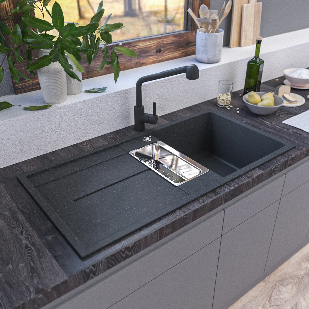 

Кухонная мойка, встраиваемая под столешницу, из искусственного кварцевого монолитного камня, современная и простая.