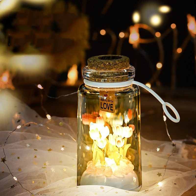 Lámpara de noche pequeña para botella de deseos de tulipán, lámparas de mesita de noche para dormir, regalo de boda, regalo romántico del Día de San Valentín