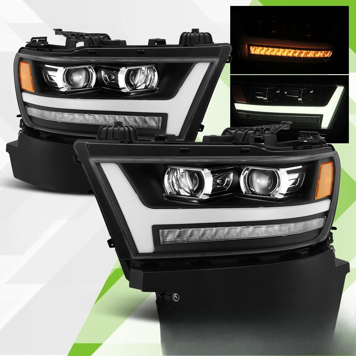 For 2019 2020 Dodge Ram 1500 LED DRL Sequential Projector Black Headlights