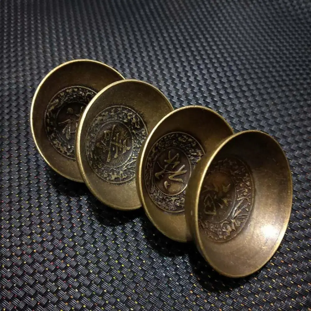 Chinese Brass Fu Lu Shou Xi Copper Bowls Set of 4 Fortune Longevity Happiness Copper Wine Cups Home Decor Curio Collectible