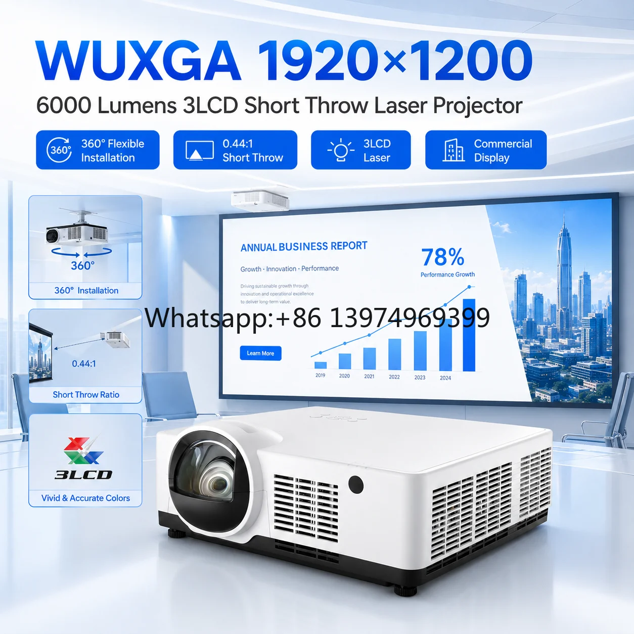 WUXGA 1920x1200 Short Throw Laser Projector 6000 Lumens 3LCD with 360 Degree Flexible Installation