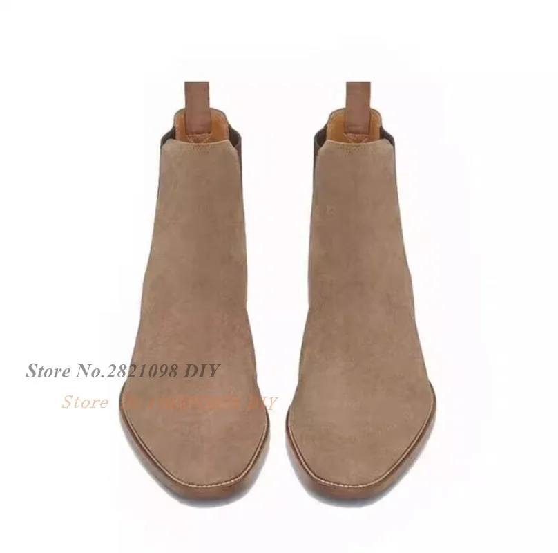 Elastic Band Cow Suede Leather Embroidered Pointed Toe Side Slip On Boots Man High Heel Lining Short Boots Plus Size 37-46