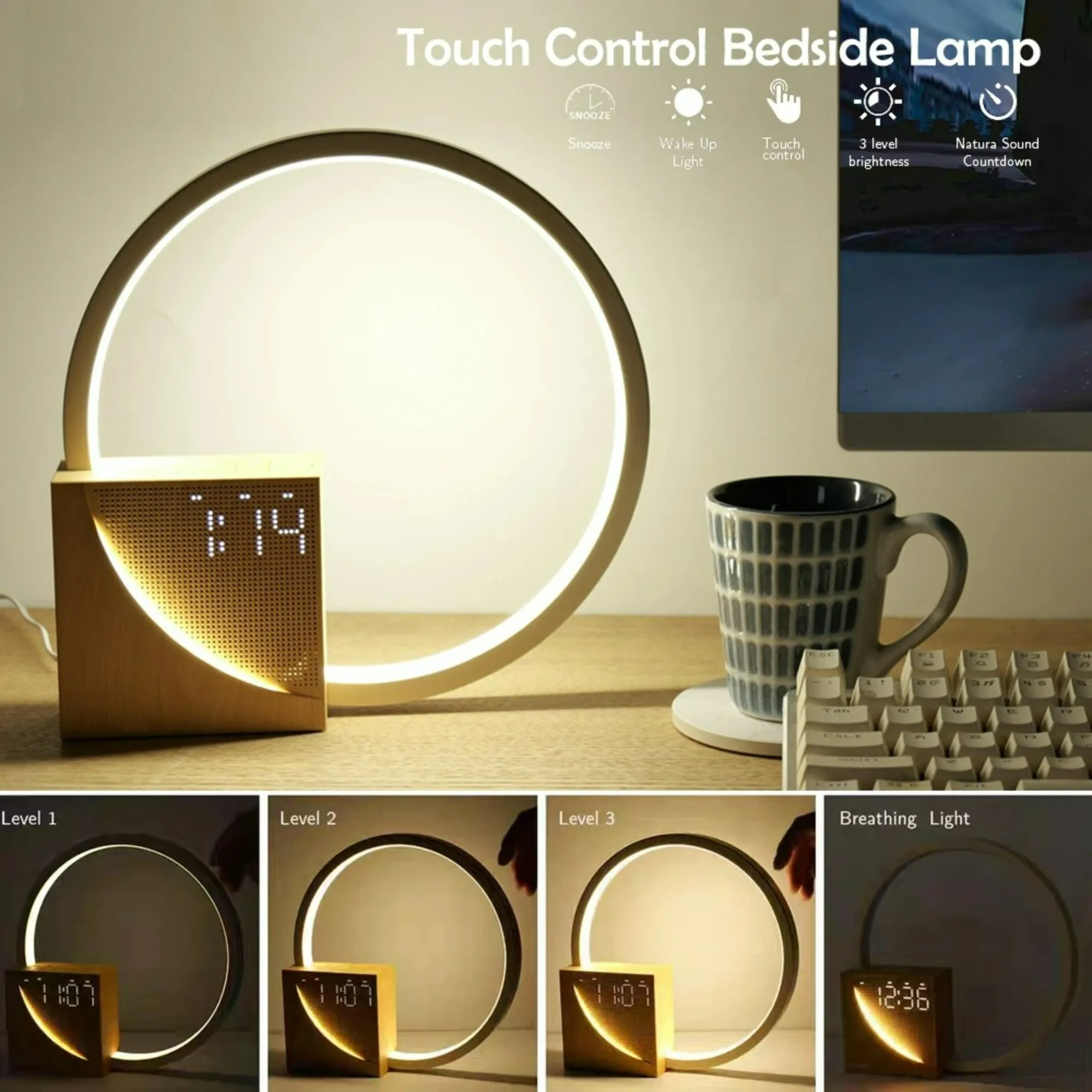 Wecker Wake Up Nachtlicht Telefon aufladen mit weißem Rauschen-Timing 3-stufige dimmbare Touch-Tischlampe für Schlafzimmer neben der Lampe