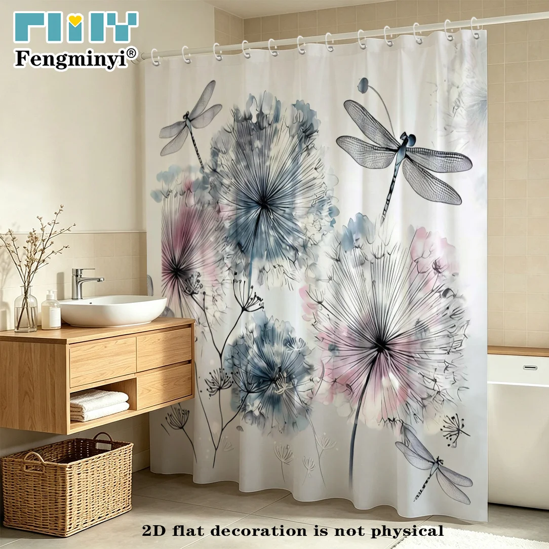 Bohemian Watercolor Floral Dragonfly Abstract Botanical Print Shower Curtain Waterproof Bathroom Wall Decor Curtain for Home