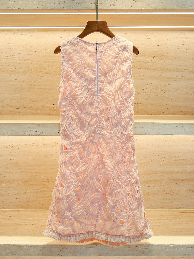 High-End Summer Lace Dr Women's Folded High Waist A-Line Skirt Knitted Fabric No Sve round Ne Pure Color Commute Sle