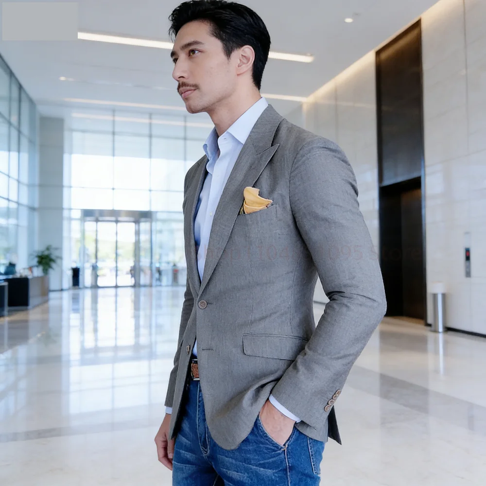 

Мужской бежево-голубой льняной пиджак-смокинг Slim Fit для пляжных свадеб и повседневной носки, с отложным воротником, на все сезоны