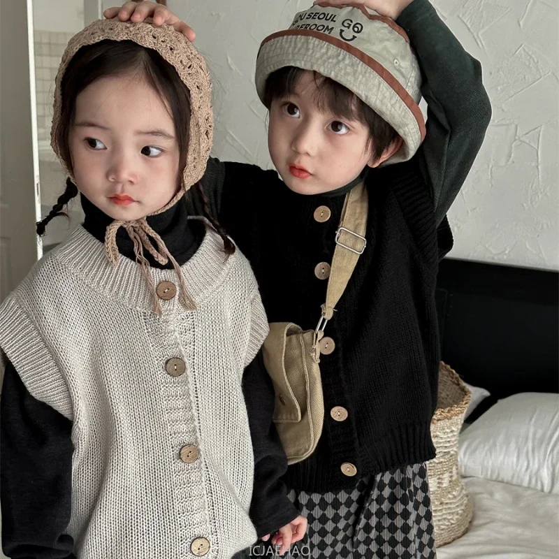 

Корейский модный вязаный жилет для маленьких девочек и мальчиков, детский кардиган без рукавов, свитер для малышей, джемпер, детские вязаные жилеты