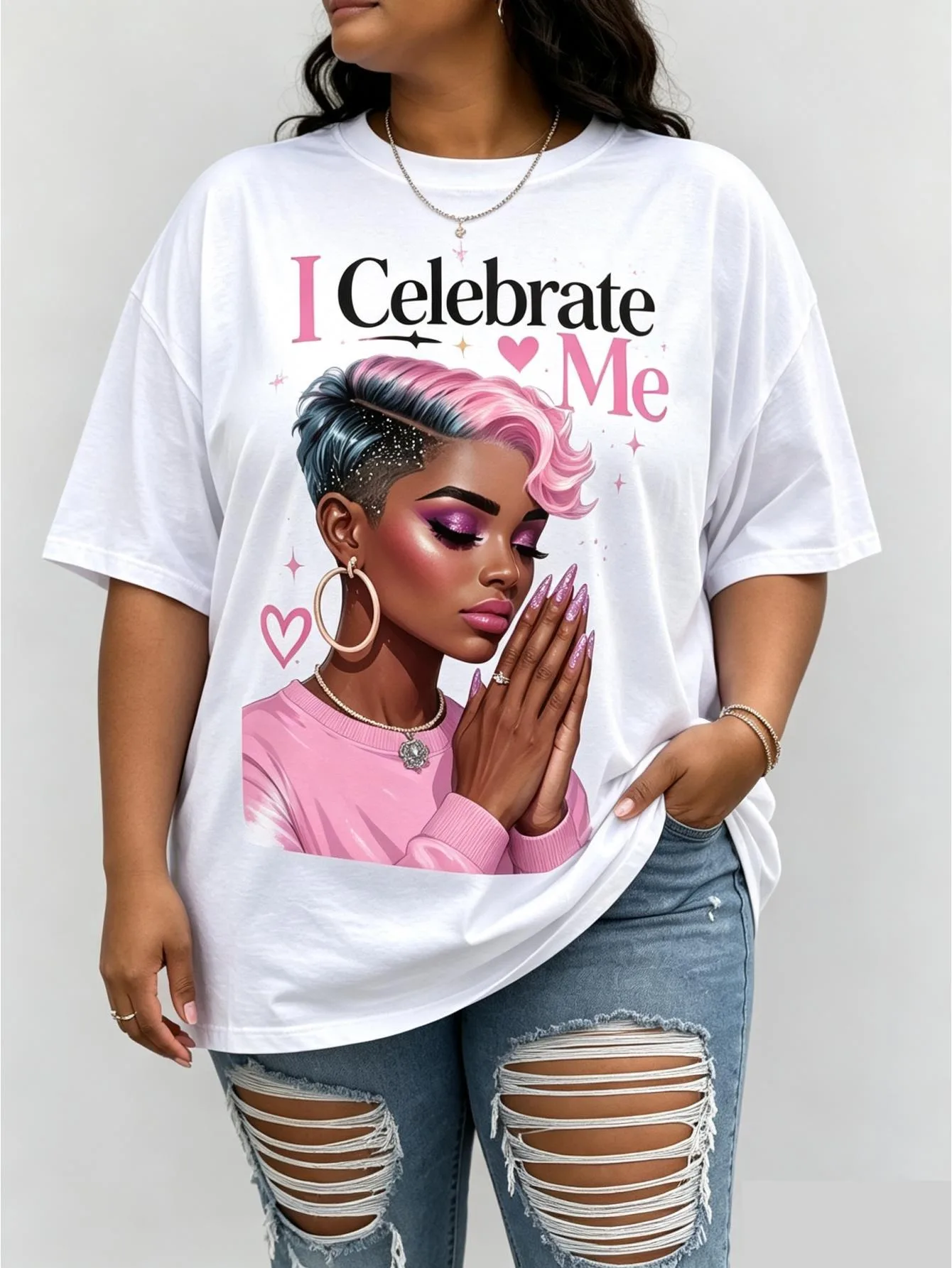 I Celebrate Me Black Character Art Portrait with Prayer Hands, Kwanzaa Holiday, 100% Crew Neck Short Sleeve T-Shirt Unisex, Self-Affirmation Graphic, Cultural Celebration Outfit, Inspirational Top for Holiday Functions