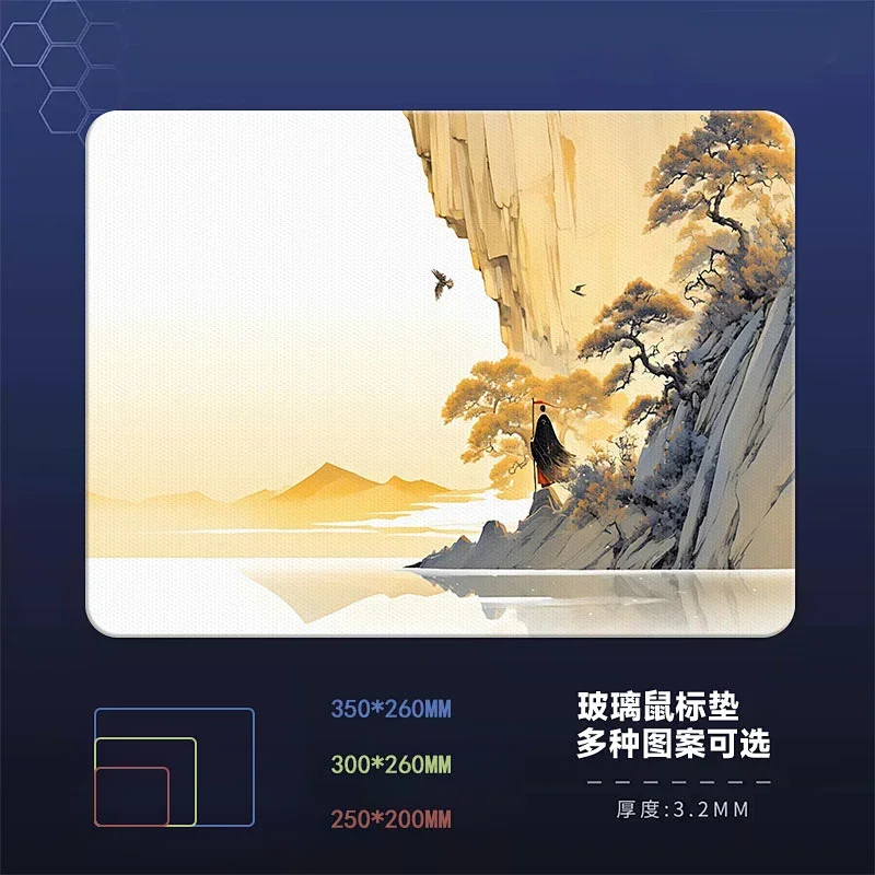 Chinese ink Painting Style Glass Gaming Mouse Pad XS Smooth Frosted Surface Desk Mat Tempered Upgrade FPS Office Accessories Pad