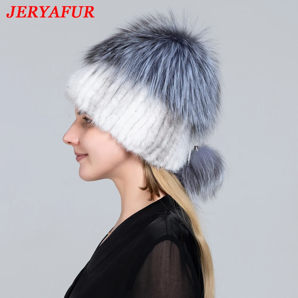 JERYAFUR Luxury Womens Winter Knitted Real Sable Fur Hat Fur Beanie Russian Mink Fur Cap with Fox Fur Pom Poms Female Warm Thick