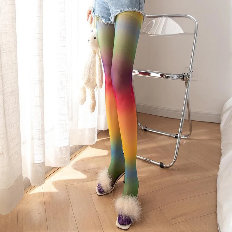 Japanese Korean Style Rainbow Stockings Bestselling Sexy Personality Women\'s Pantyhose Party Stockings Rainbow Gradient Tights