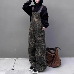 Women's Fashion Vintage Leopard Jumpsuits Spring Denim Harajuku Overalls Korean Streetwear High Waist Wide Jean Long Pants