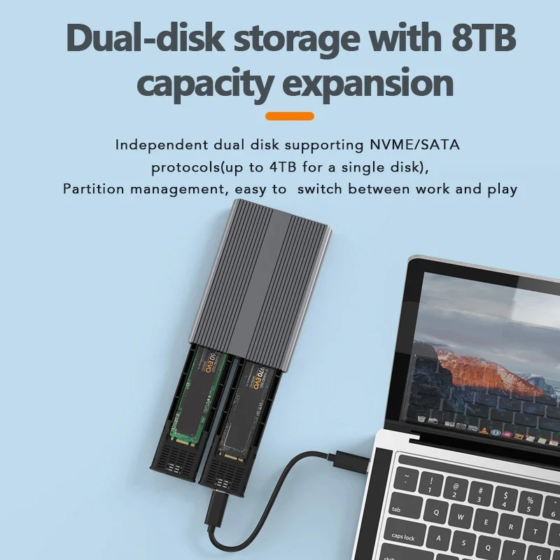 Carcasa Dual Bay NVMe SATA SSD M.2 caja de disco duro Dual NVMe 10Gbps USB C 3,2 GEN2 adaptador de caja de disco duro externo de aluminio