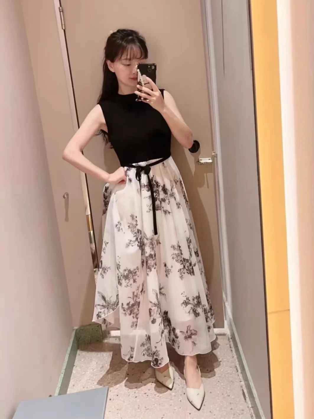 

S Home Японский Sle Лето 2025 Svel круглый Ne Трикотажный тонкий я с принтом Dr Пояс Повседневная юбка трапециевидной формы