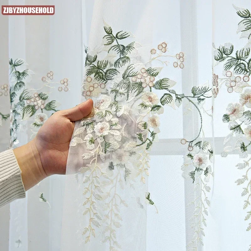 European White Embroidered Floral Sheer Curtains for Living Room Bedroom Balcony Tulle Grape Voile Window Drapes Ready Made