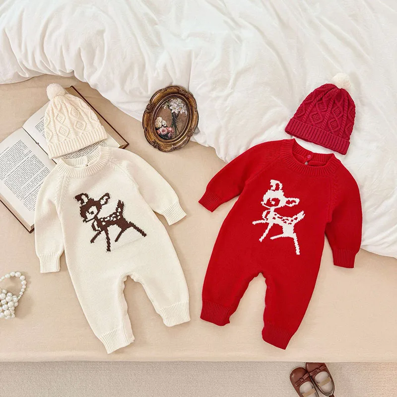 

2025 New Autumn 0-24M Infant Baby Girls Knitted Jumpsuit Long Sleeved Cartoon Toddler Baby Girl Knitted Romper Christmas Style