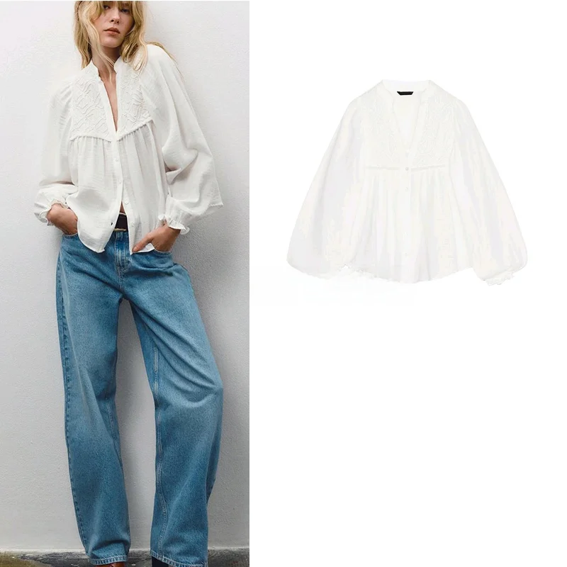 

Spring New Arrival Women's Casual Loose Long Sve round Ne Embroidered Cotton Top Comfortable Breathable Faionable